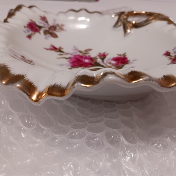 Vintage Moss Rose China Candy Dish 28/6M Gold Trim Scalloped Edge - Picture 10 of 12